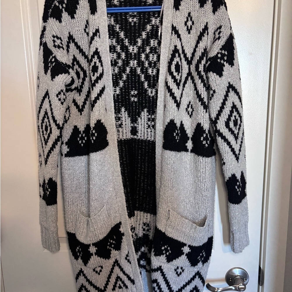 Black and Gray Aztec Patterned longline Women's cardigan Sweater open front
